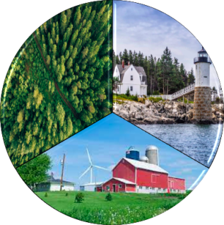 circle divided into three sections, one with a barn, one with a light house, and one with trees