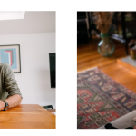 Two people sitting at a table looking at a cellphone A man sitting on his couch looking at an iPad