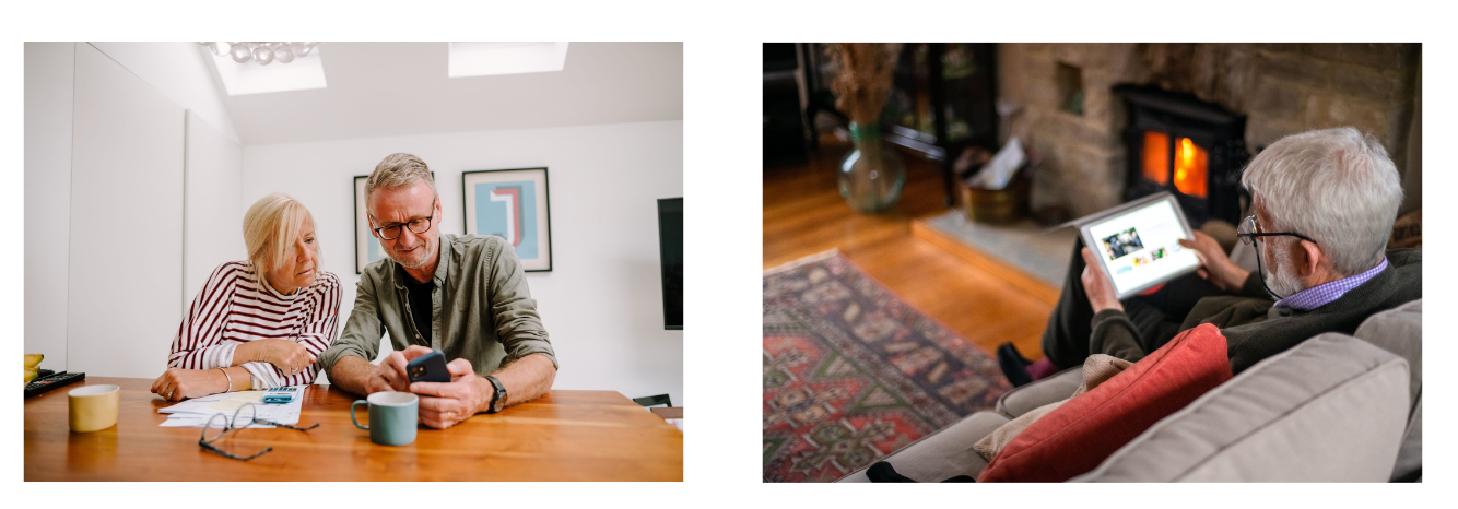 Two people sitting at a table looking at a cellphone A man sitting on his couch looking at an iPad