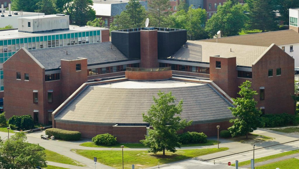 aerial view of d.p. corbett hall on umo campus