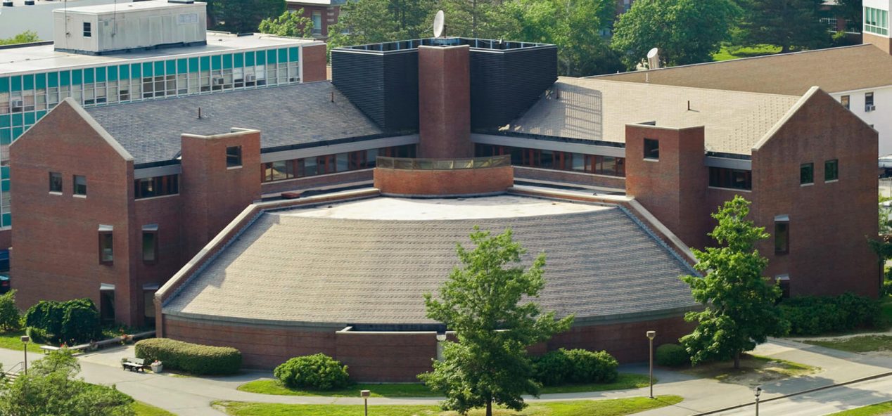 aerial view of d.p. corbett hall on umo campus