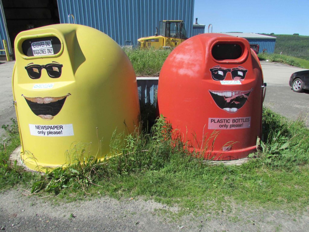 Image of two smiling recycling bins