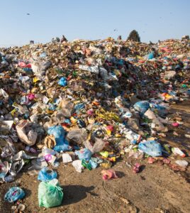 Food and pile of domestic garbage in landfill