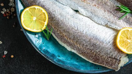 Raw hake fish fillet on turquoise plate with lemon slices on black background