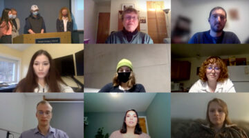 Screenshot from Zoom recording of student presentations of their sustainability research. Nine boxes are visible, most with single students and one with several students. Mitchell Center Senior Fellow Linda Silka (top center) facilitates.