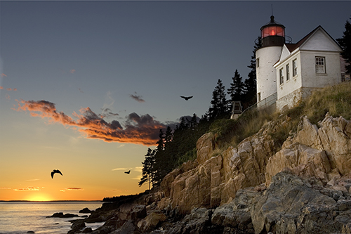 Lighthouse on the Maine coast at sunset