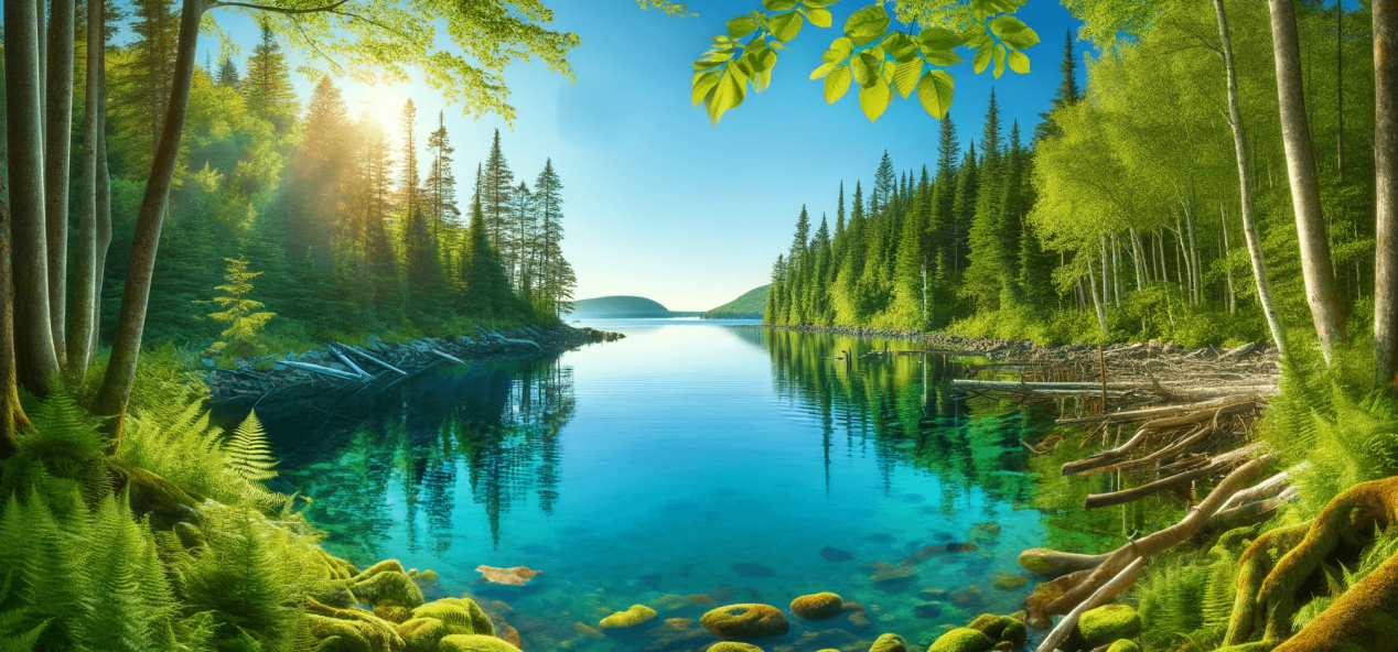 Illustration of scenic Maine inland lake with pine trees