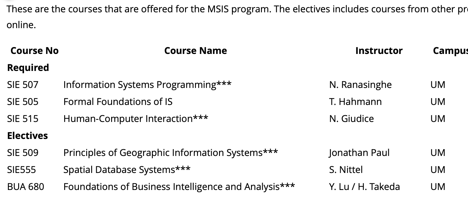 screen shot of a webpage showing upcoming courses