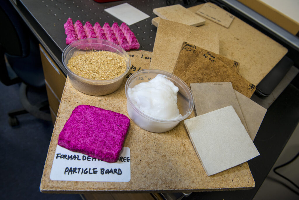 samples of particleboard and other construction materials made with nanocellulose