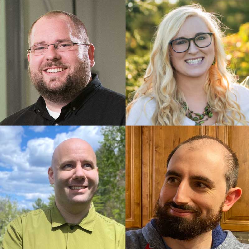 New Media alumni, clockwise from the top left. Matt James (2005), Ashley Duggan White (2018), Zev Eisenberg (2011), and Ryan Page (2011)