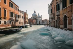 AI image of frozen Venice canals, generated by Phoebe Ackor with Stable Diffusion
