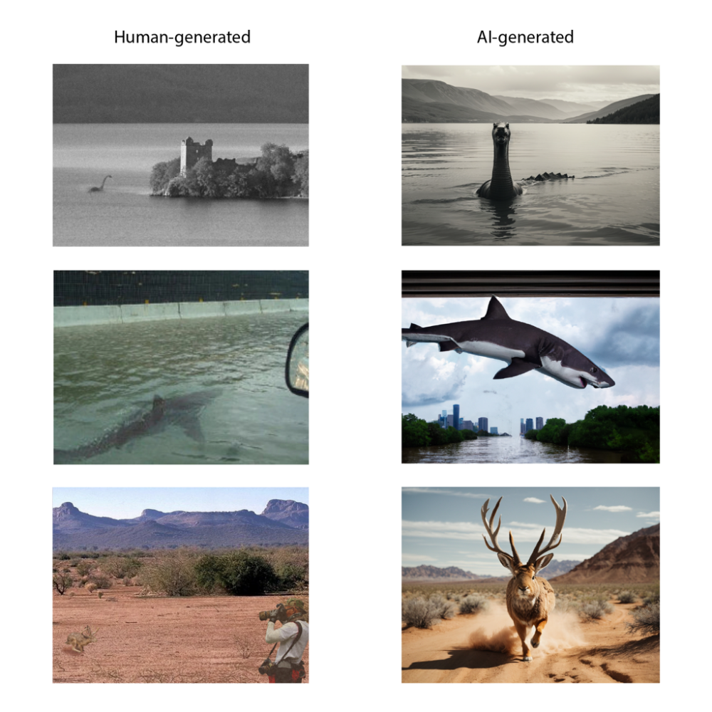 Left: student illustrations of a hoax made with non-AI tools like Photoshop; right: the same hoaxes illustrated by students using the AI text-to-image generator Stable Diffusion. Hoaxes from the top: Nessie by Josh Lopez; Hurricane Shark by Avery Haskell; and Jackalope by Grace Broughton.