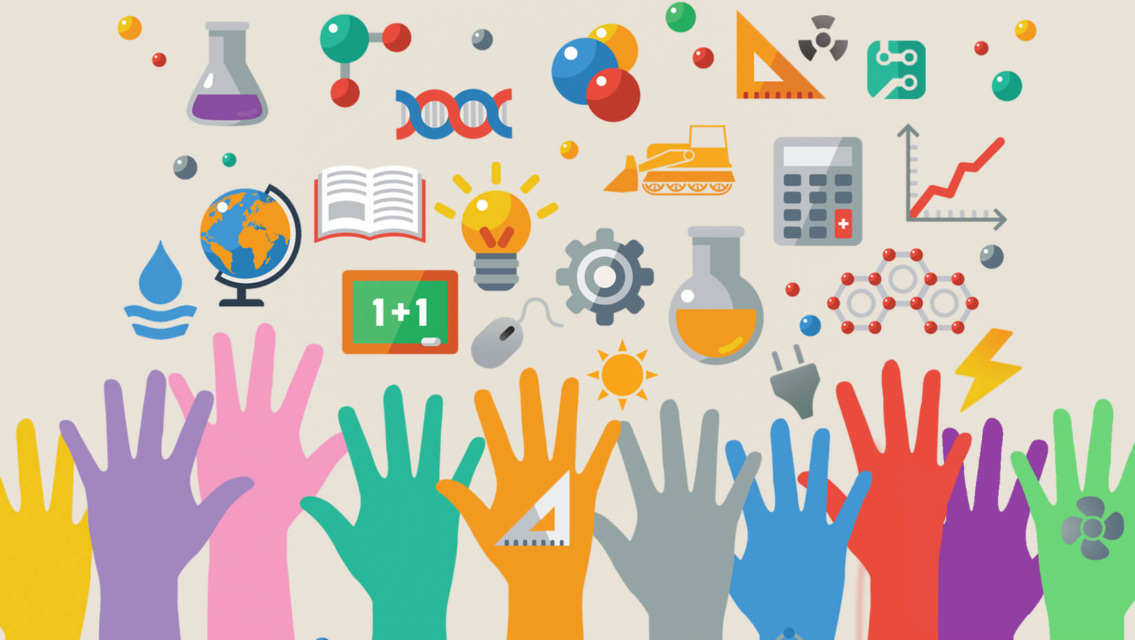 Hands reaching for STEM education icons