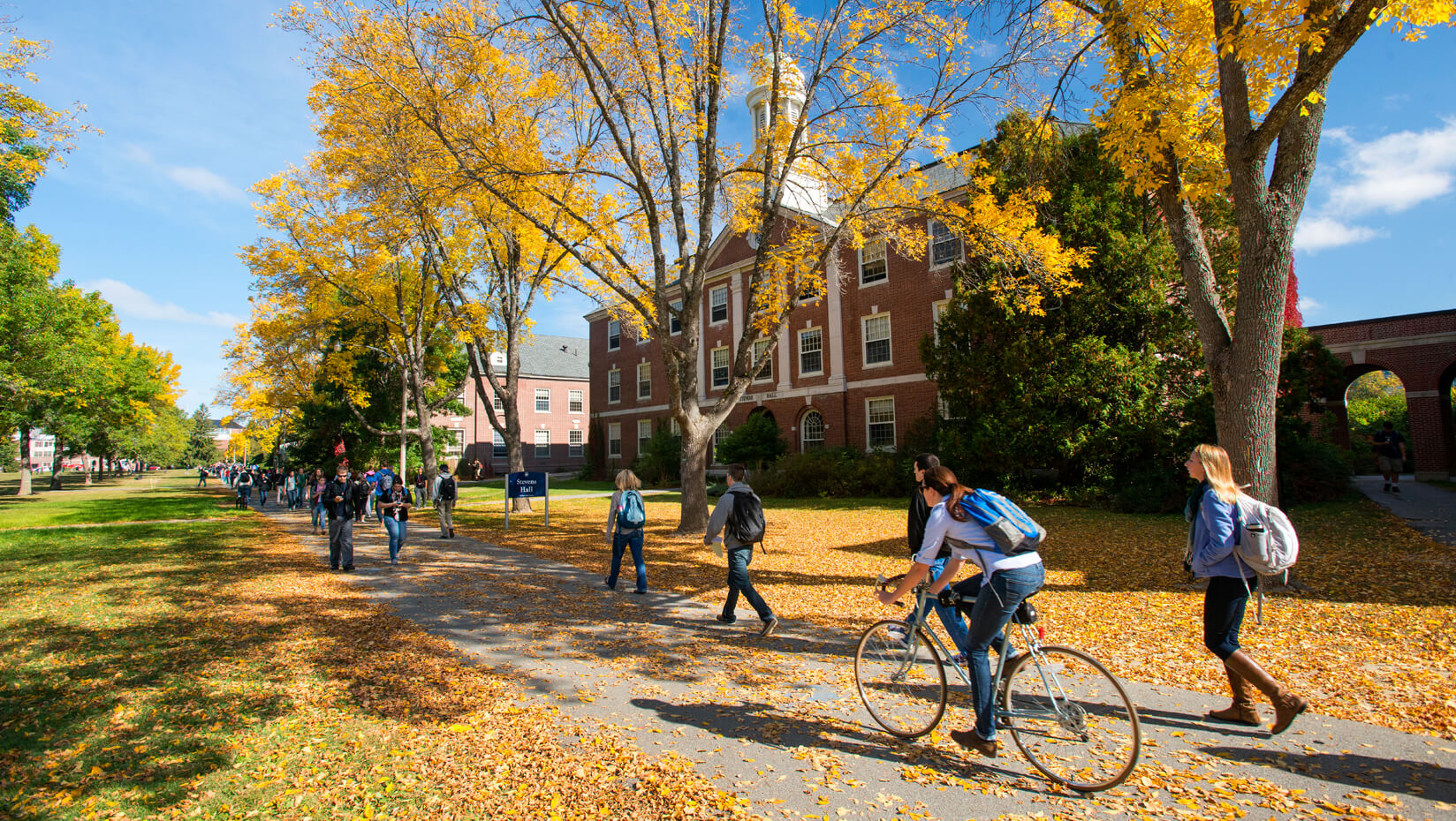 Students walk along the Mall during fall