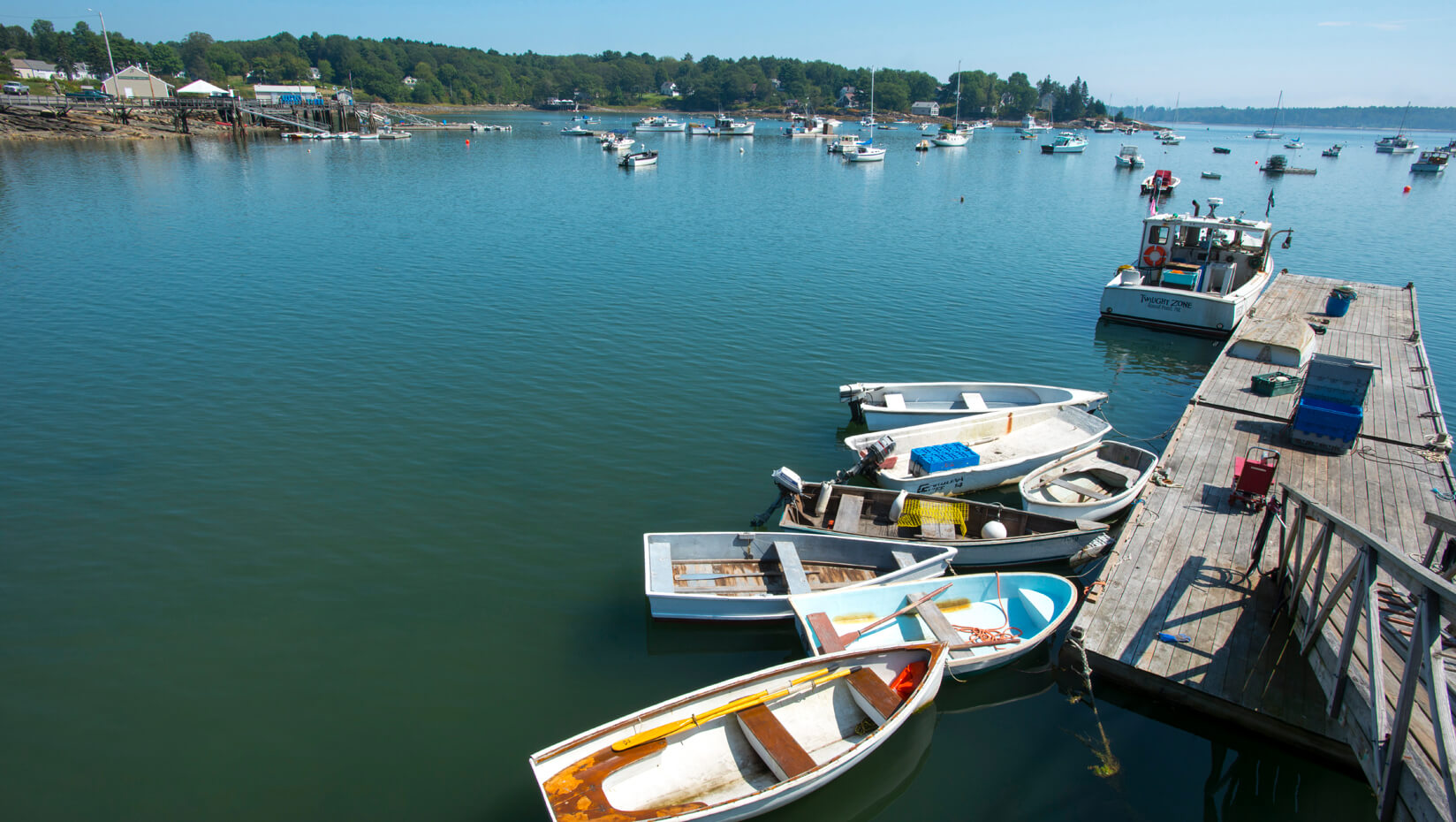 Boats of a dock on the coast of Maine