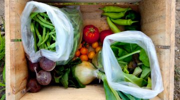 Fresh produce in a wooden box