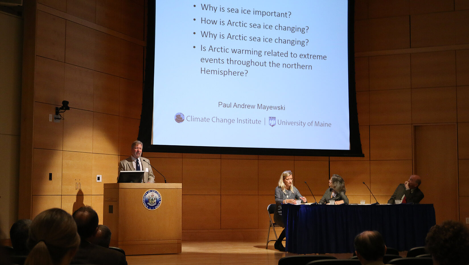 Paul Mayewski speaks at the Maine-Arctic Forum in Portland, Maine