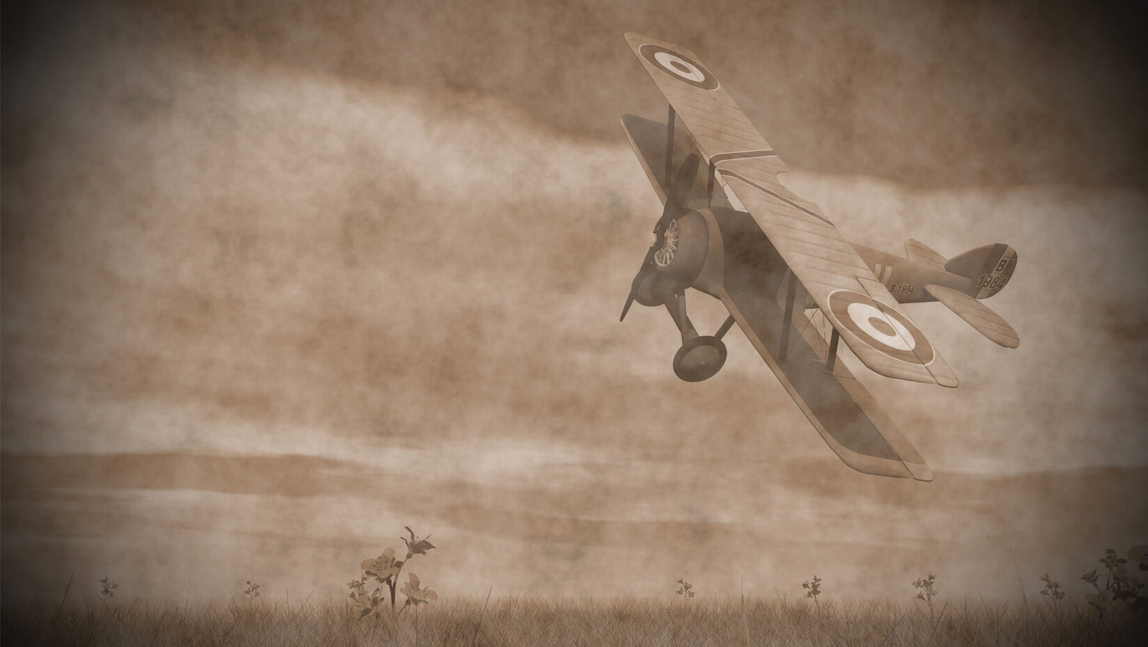 WWI plane flying of a field