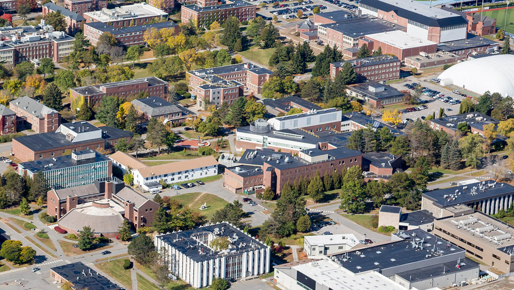 Aerial view of engineering buildings on UMaine's campus in Orono