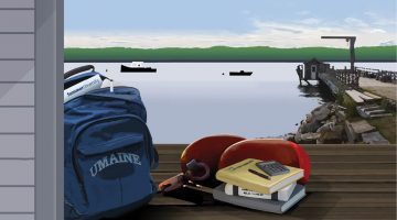 Backpack and buoys on the Maine coast