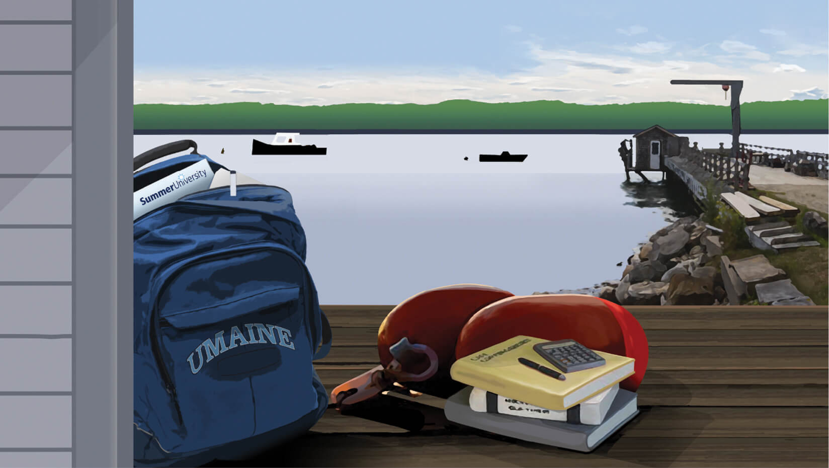 Backpack and buoys on the Maine coast