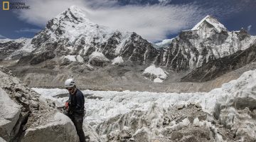 Peter Strand taking a sample from a rock outcrop next to the Khumbu Icefall above Everest Base Camp