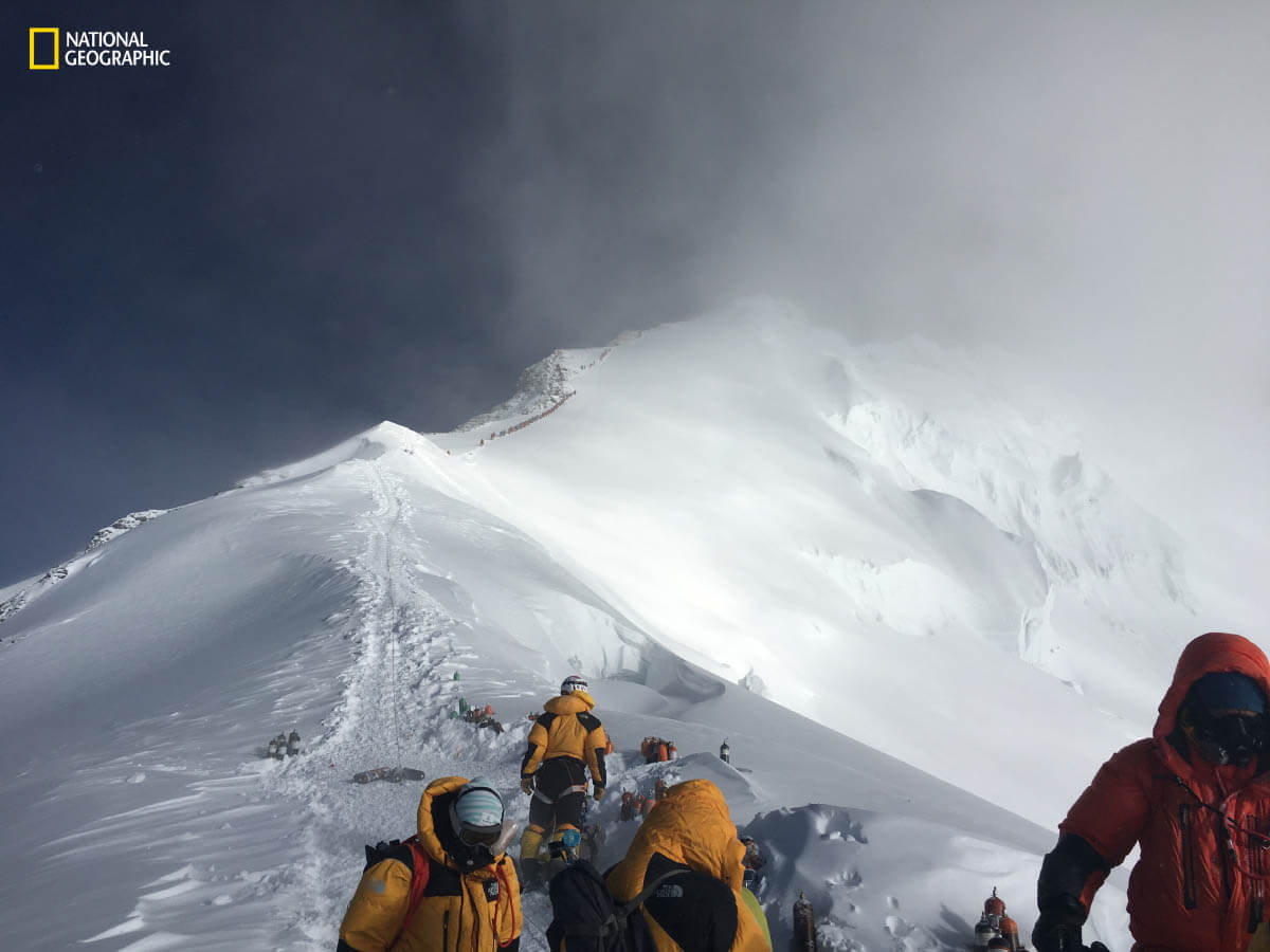 Climbers approach the summit of Mount Everest