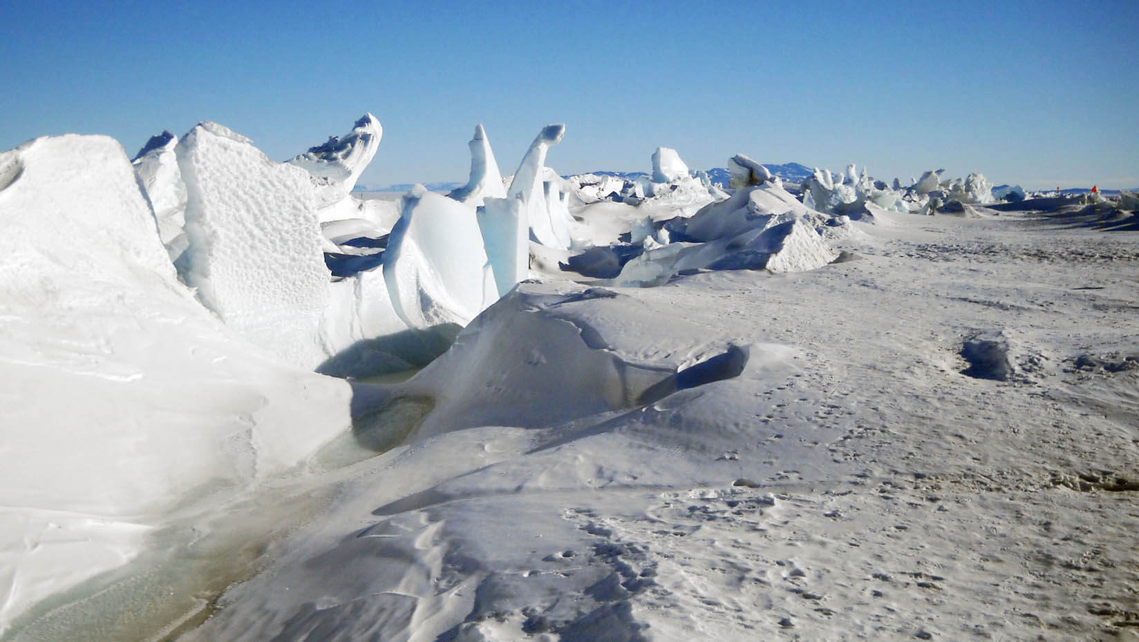 Sea ice pressure ridge off the Antarctic coast.