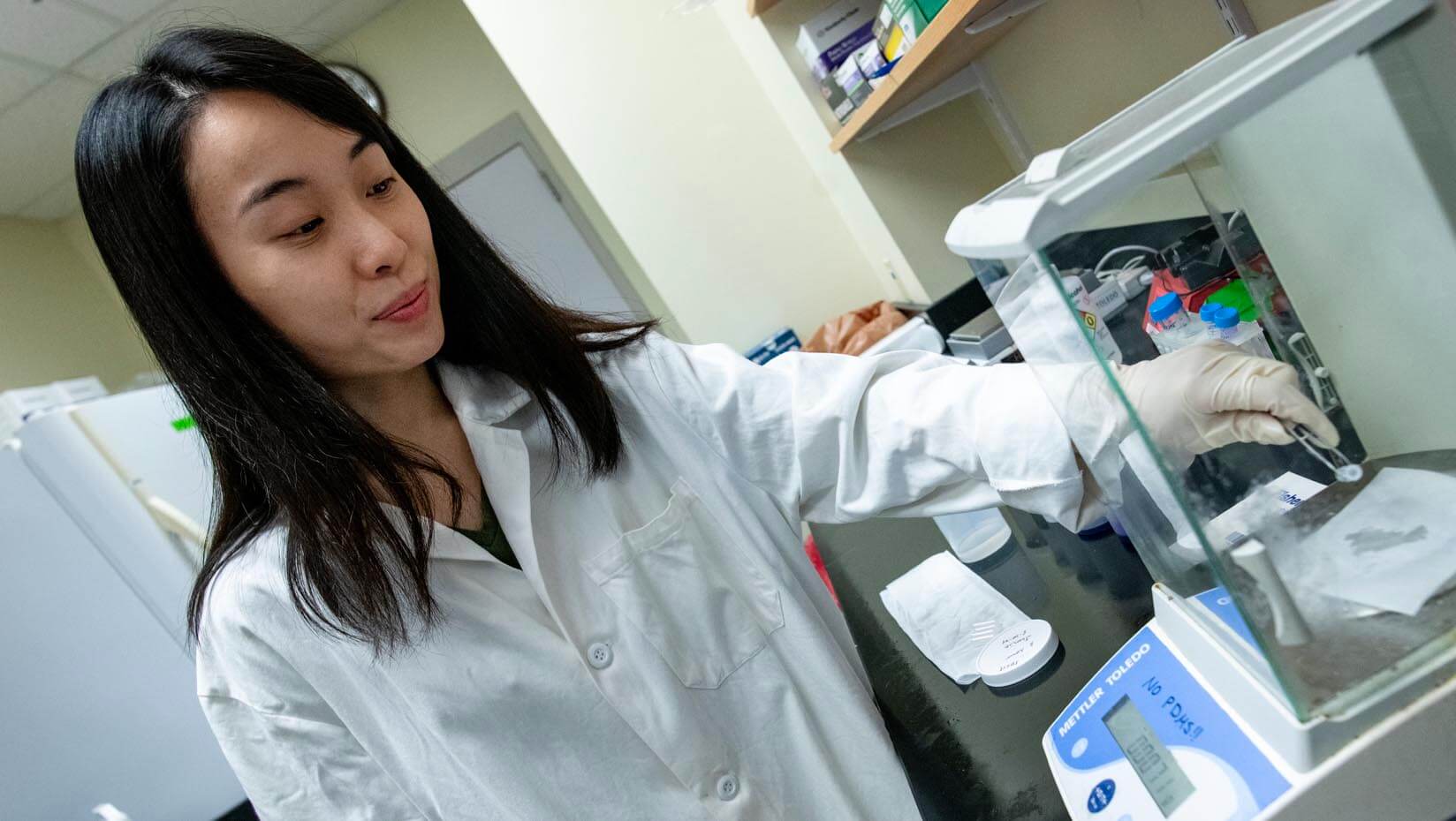 A graduate student conducts research in a lab