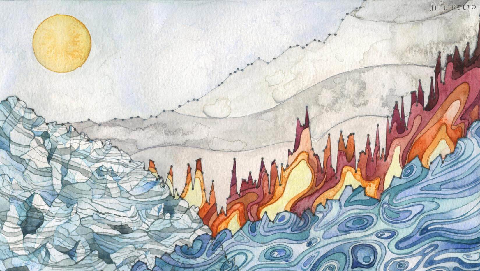 Landscape of change watercolor artwork by Jill Pelto