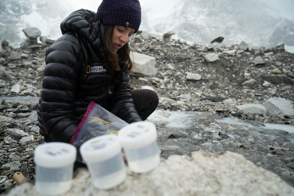 Heather Clifford collects samples near Everest Base Camp.