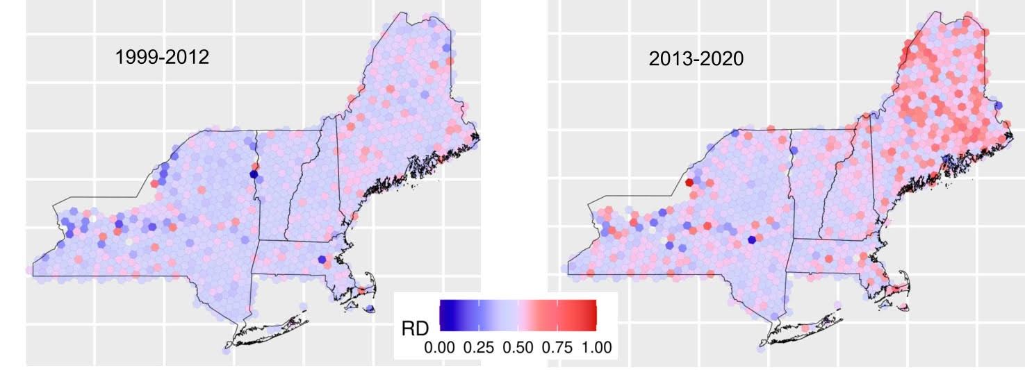 A graphic shows the increase in forest density in Maine from 1999 to 2012