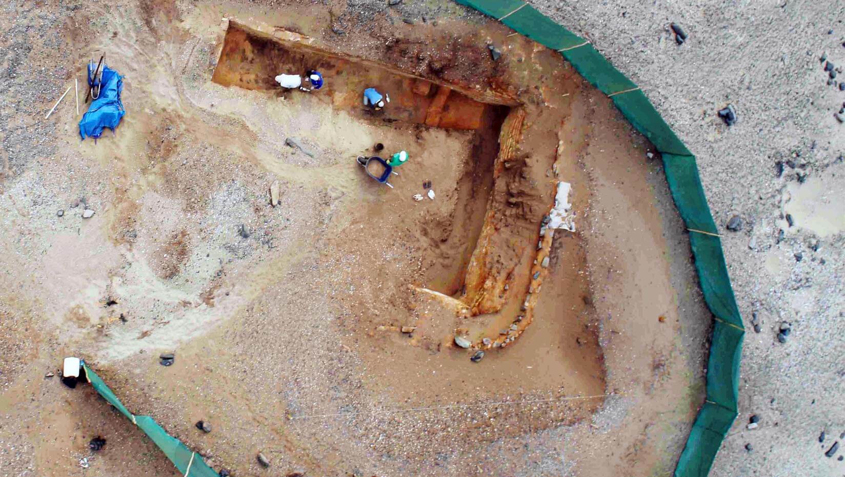 Drone view of early adobe architecture under excavation at Los Morteros, North Coast of Peru, dating over 5100 years ago.