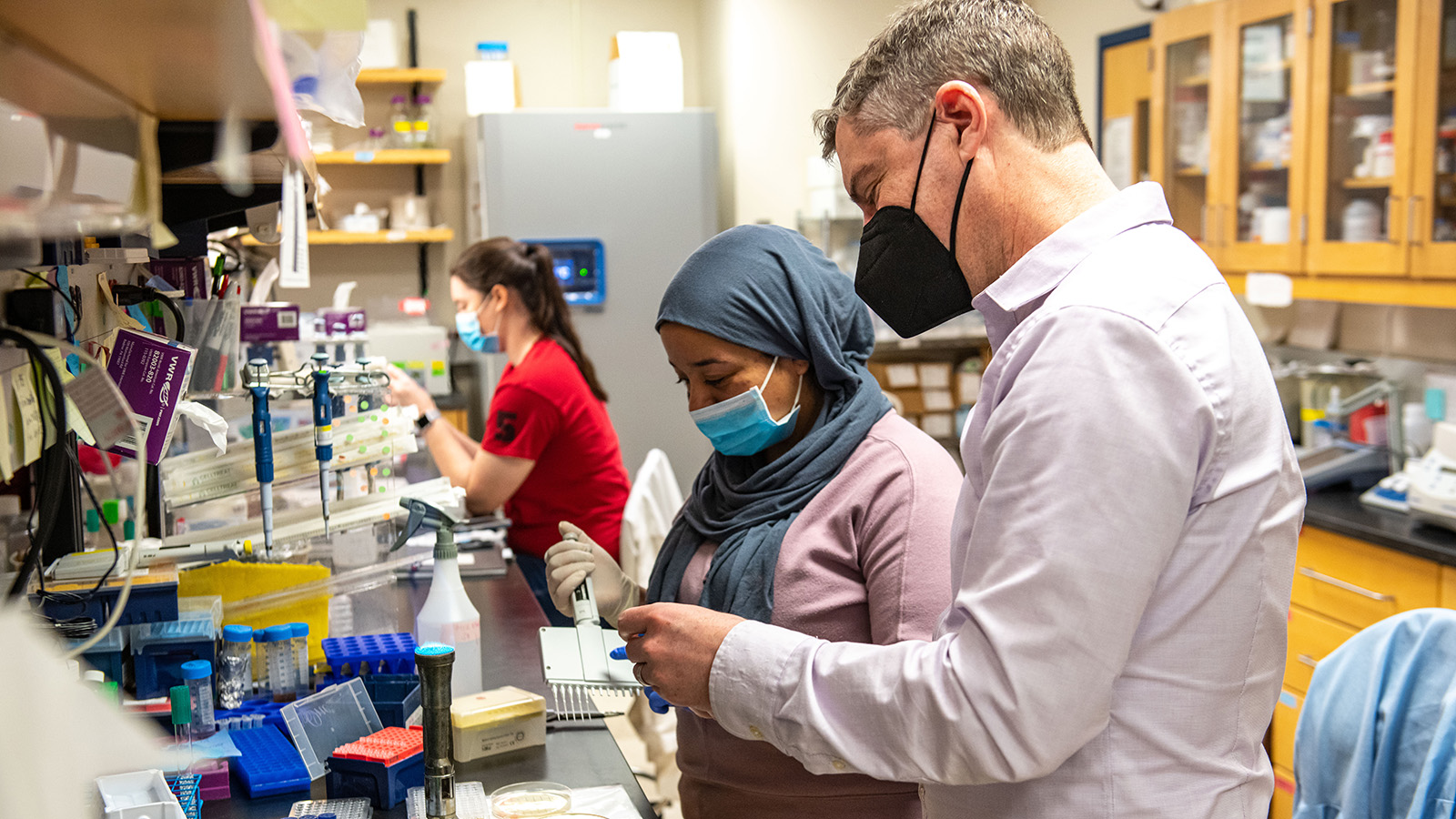 Photo of Siham Hattab and Rob Wheeler at work in a molecular and biomedical sciences lab