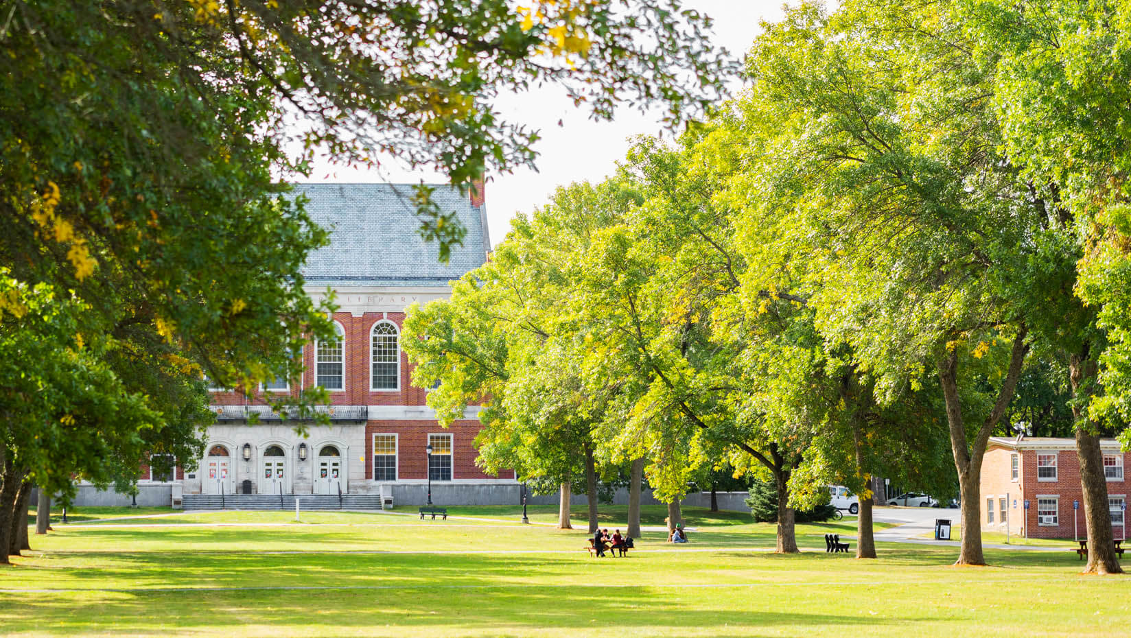 A photo of Fogler Library from university Mall