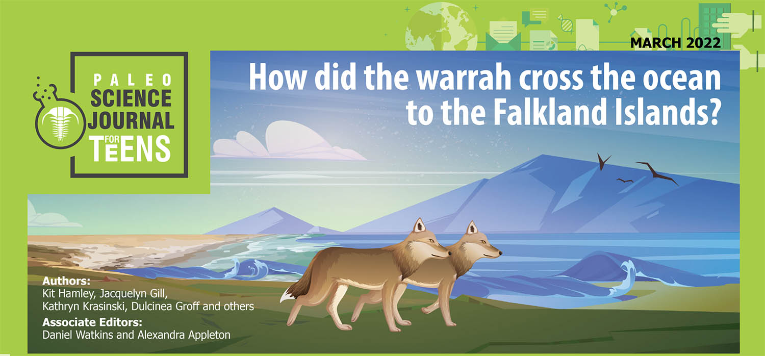 A graphic showing warrah on an island and the logo for Paleo Science Journal for Teens