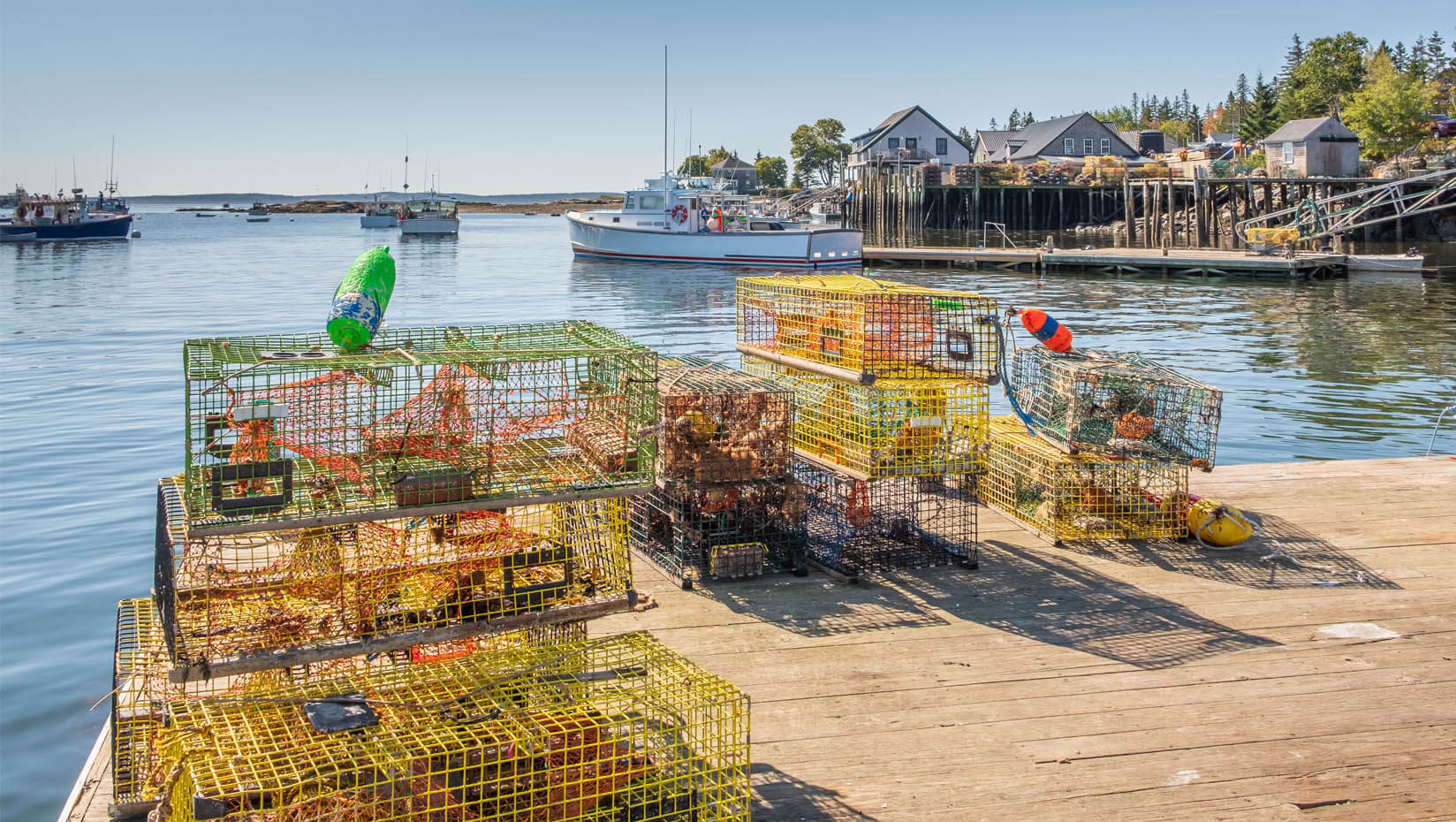 A photo of lobster traps on a dock on the coast of Maine