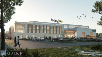 A Rendering of the Green Engineering and Materials Factory of the Future to be built and connected to the University of Maine's Advanced Structure and Composites Center