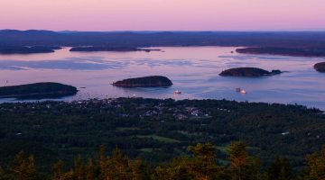 A view of the Maine coast and islands at dusk