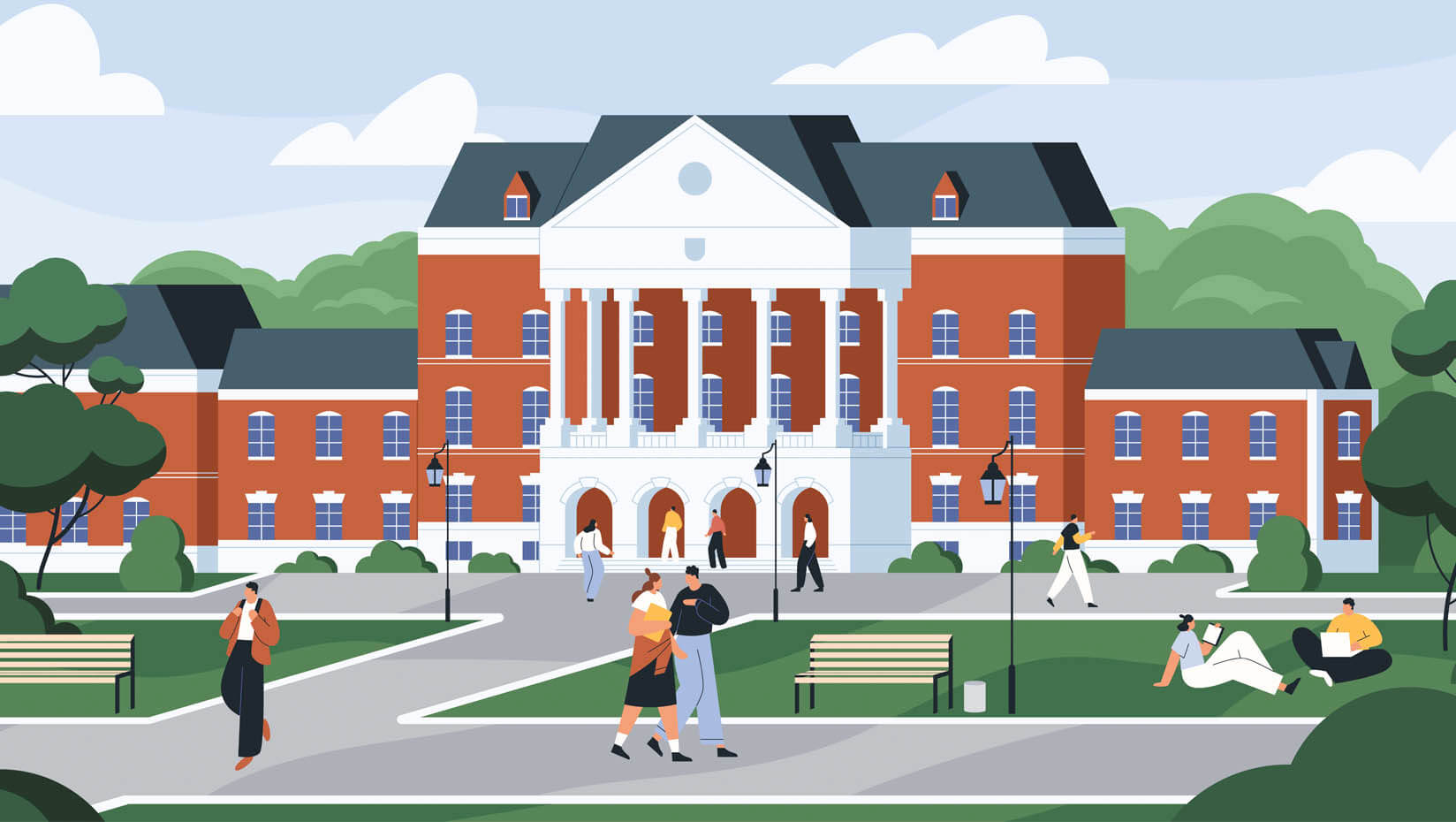 An illustration of a college campus