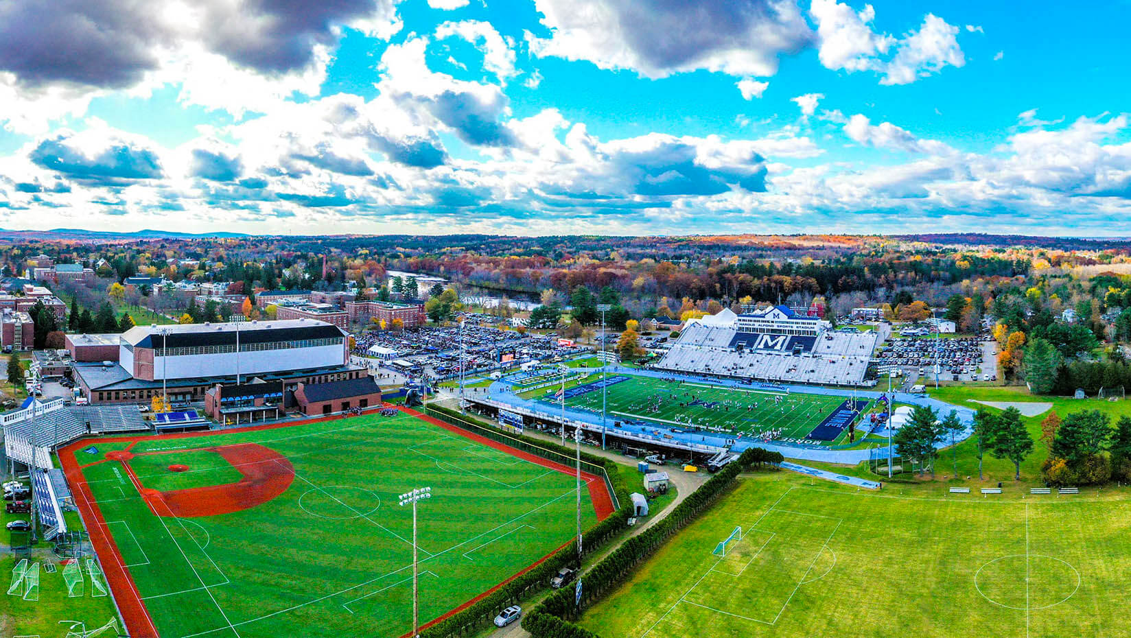 An aerial photo of UMaine's baseball and football fields