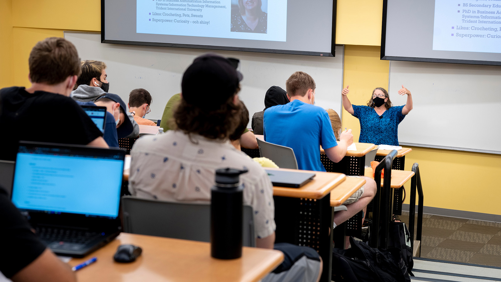 A photo of professor Penny Rheingans lecturing her Computer Science class