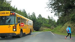 A photo of a school bus dropping of a child on a rural road