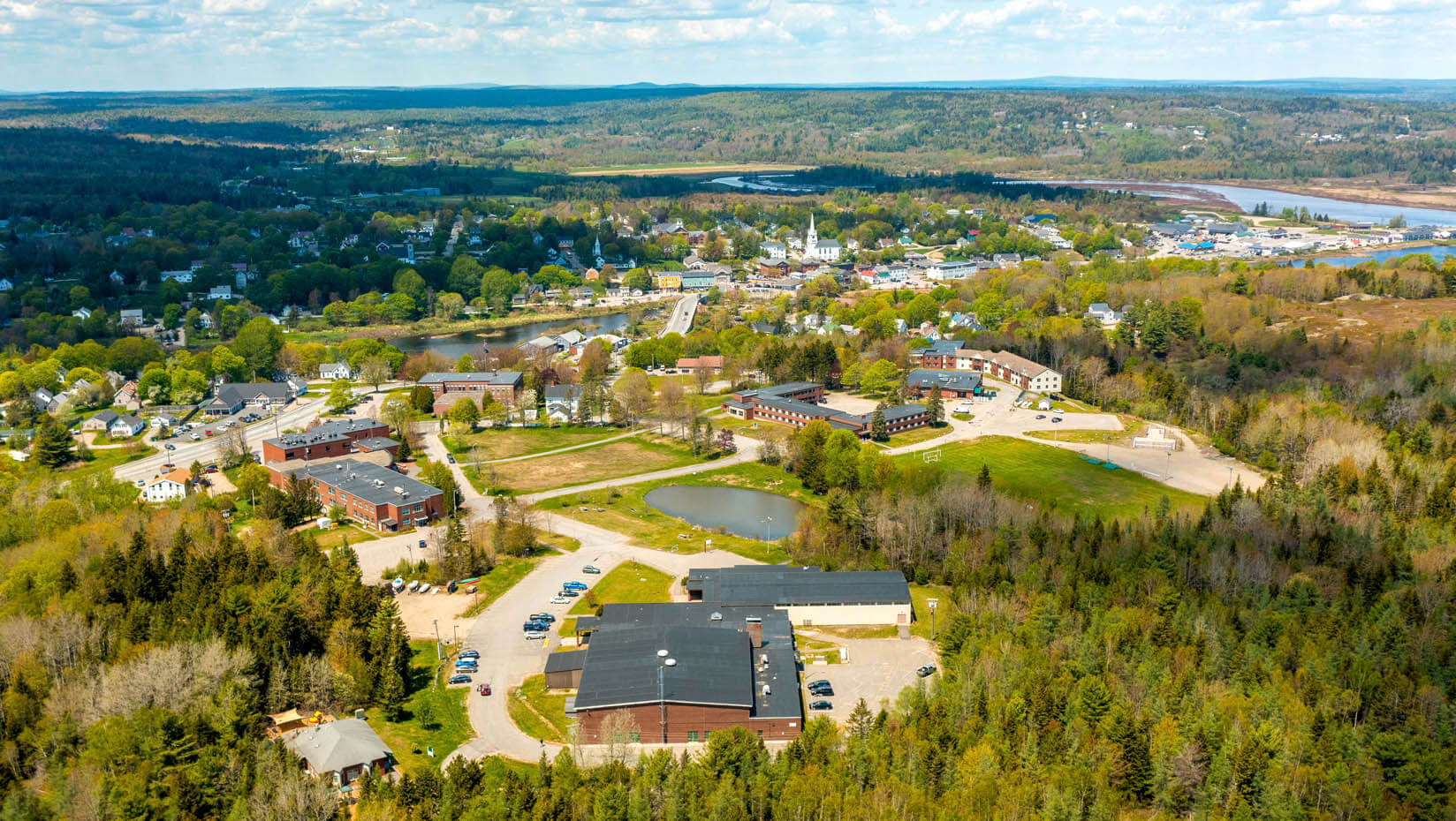 An aerial photo of the University of Maine at Machias campus