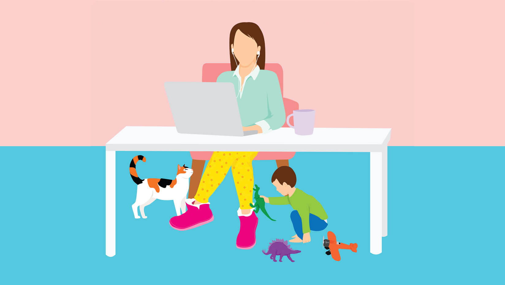 An illustration of a woman working from home while taking care of a child