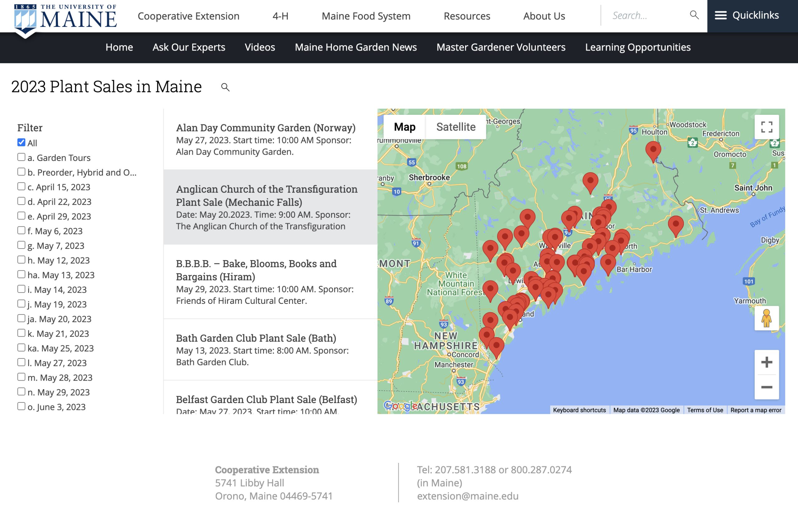 A screenshot of a webpage with a marked map of Maine