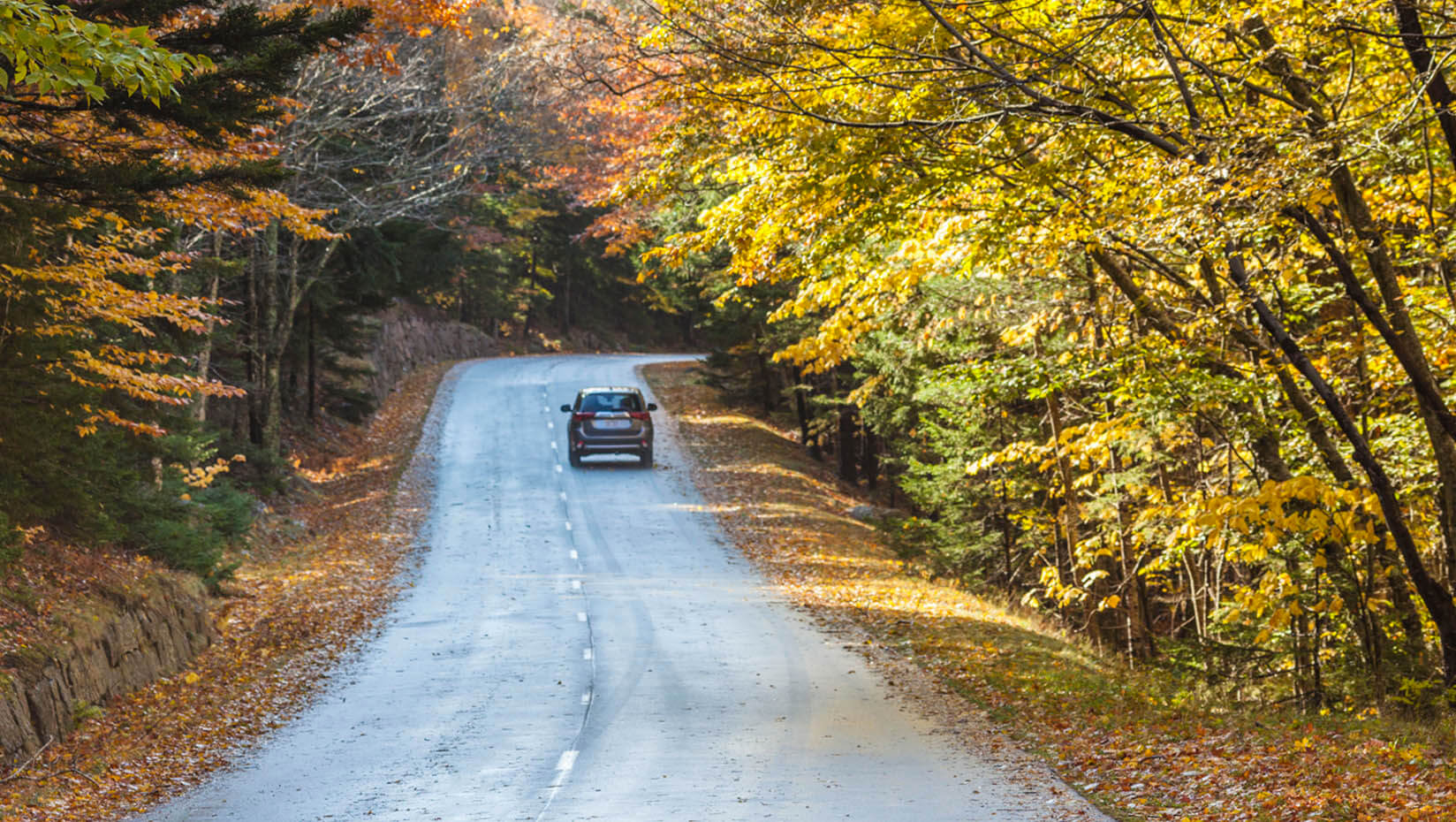 A photo of a car driving on a Maine road