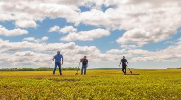 A photo of three people standing in a field