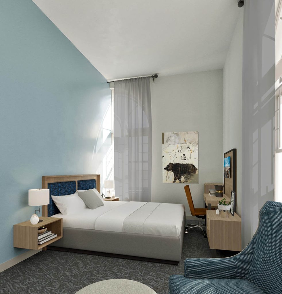 Rendering of a guest room in Coburn Hall
