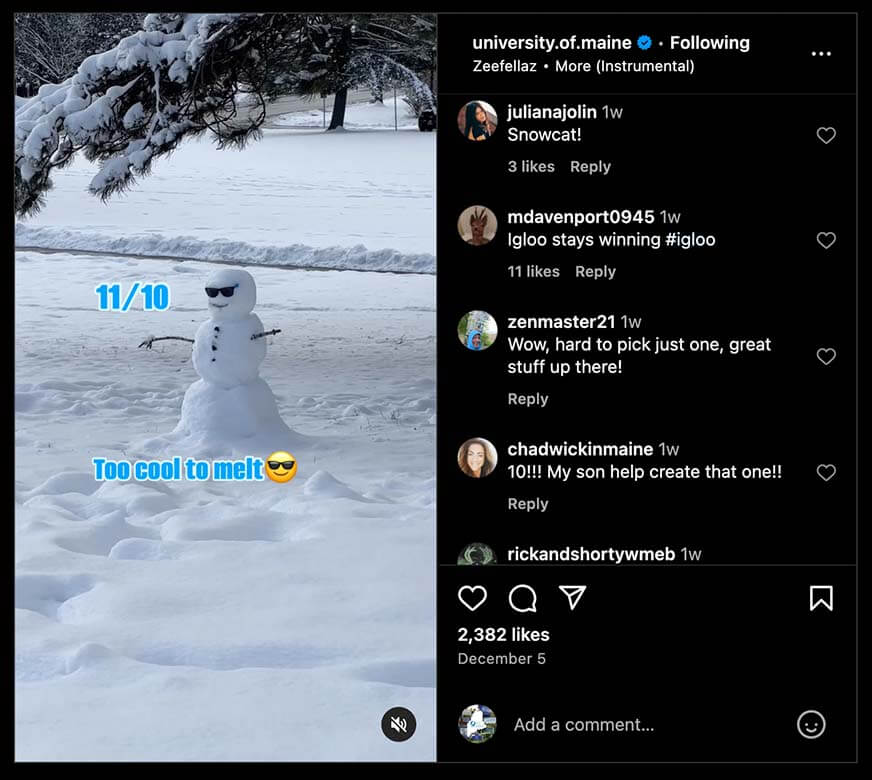 A screen capture of an Instagram post about snow sculptures